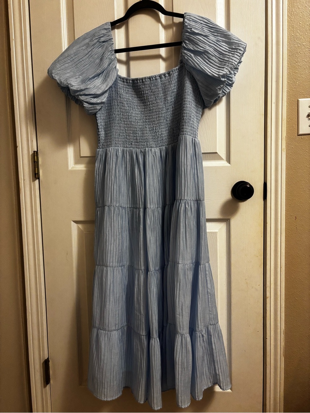 Light Blue Puff Sleeve Smocked Dress